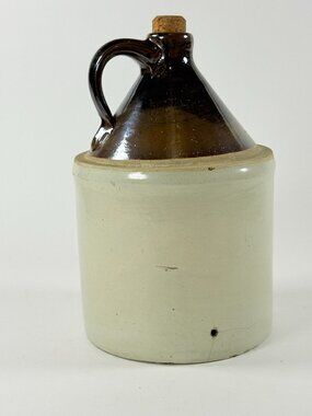 Vintage Ceramic Stoneware Whiskey Jug Crock 1 Gallon With Handle & Cork Stopper